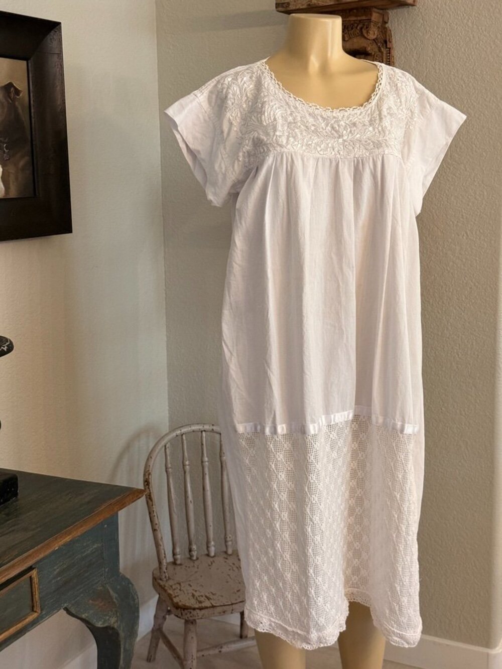 Custom Made OAXACA DRESS White Cotton w, Sheer Lace and Satin Ribbon accents